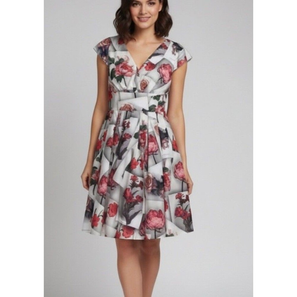 Ted Baker Bequii Rose Floral Postcard Print Vintage Skater Dress Size US 2 0